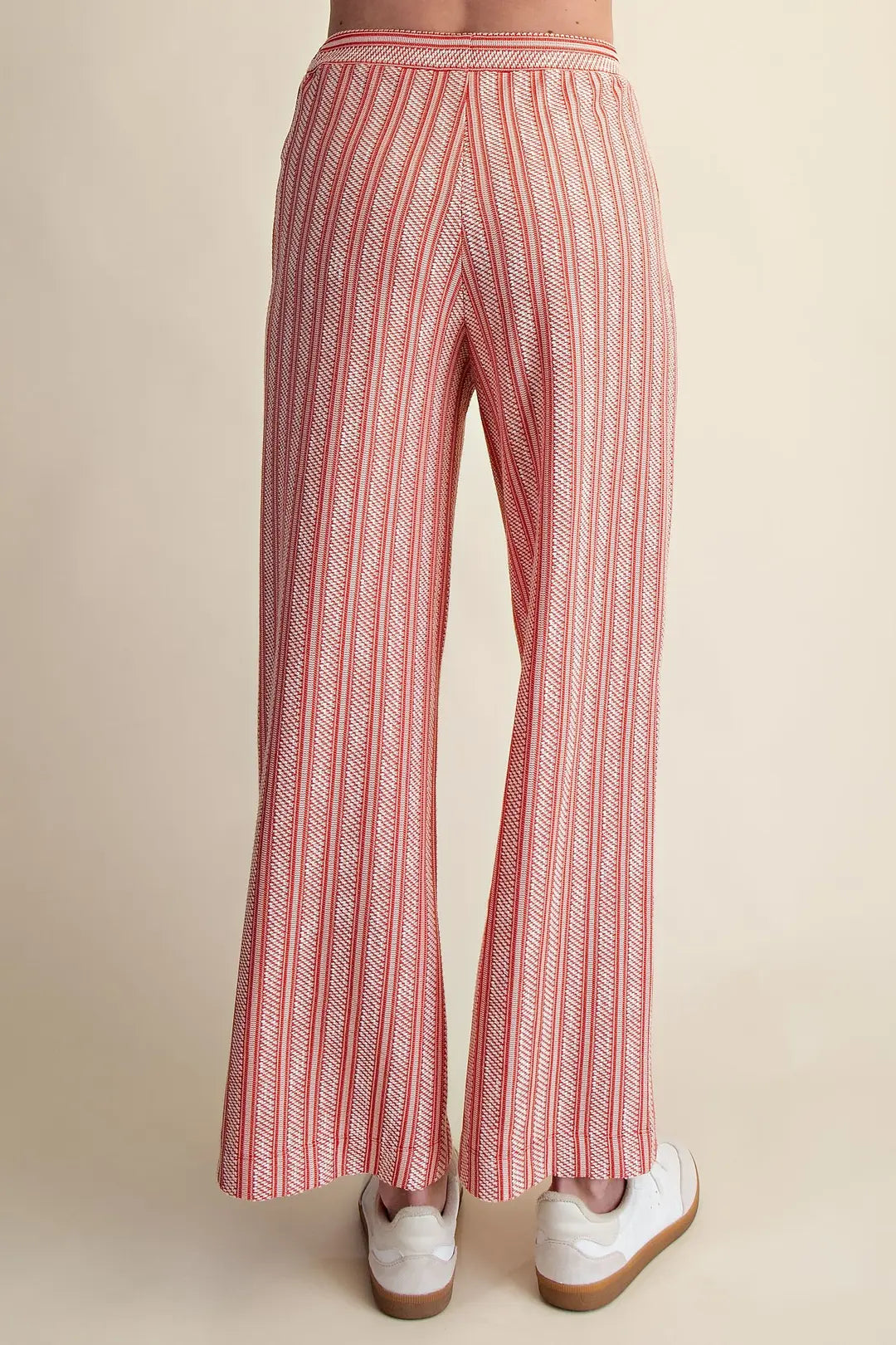 RED VERTICAL RIBBED TEXTURED ELASTIC WAIST RELAXED STRAIGHT LEG PANTS