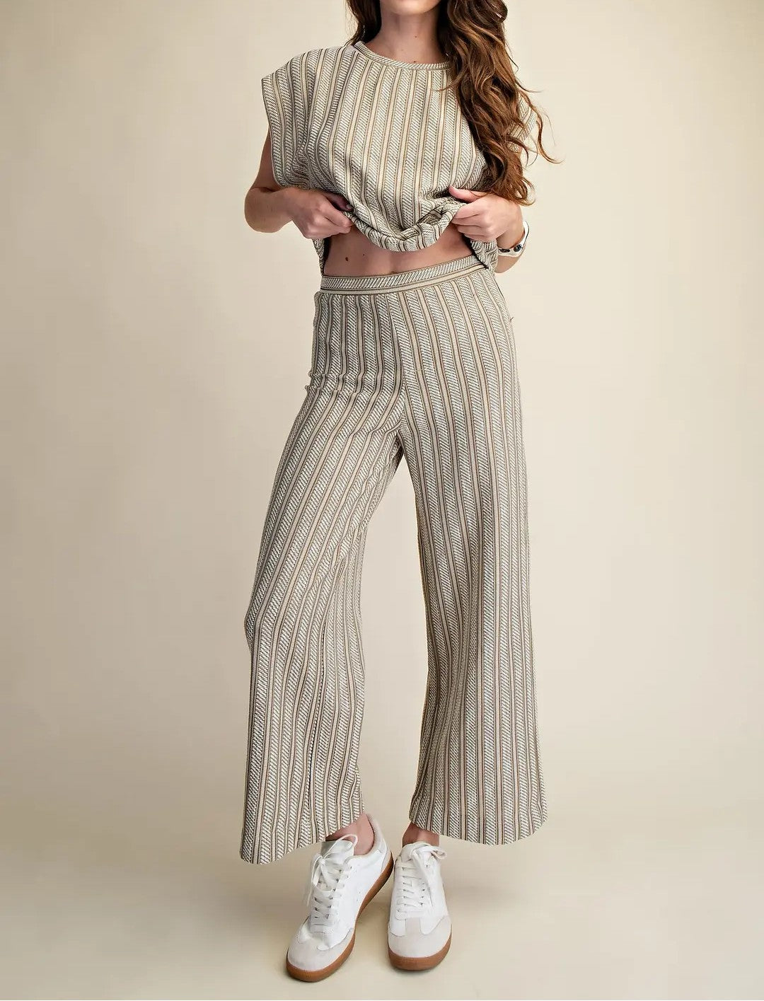 TAUPE VERTICAL RIBBED TEXTURED ELASTIC WAIST RELAXED STRAIGHT LEG PANTS