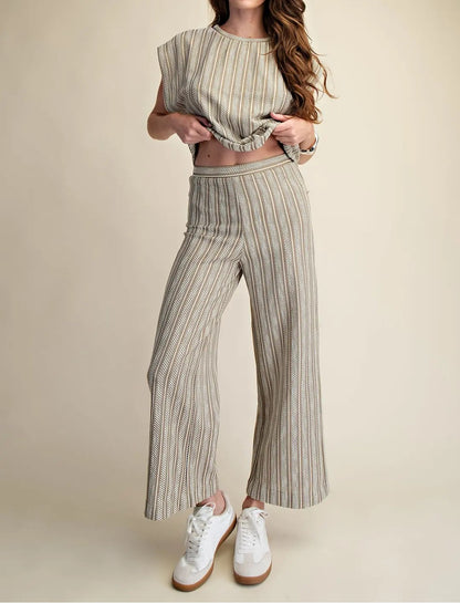 TAUPE VERTICAL RIBBED TEXTURED ELASTIC WAIST RELAXED STRAIGHT LEG PANTS