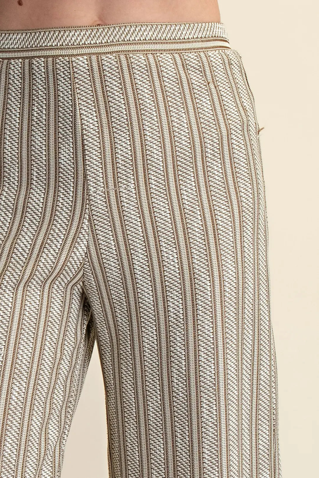 TAUPE VERTICAL RIBBED TEXTURED ELASTIC WAIST RELAXED STRAIGHT LEG PANTS