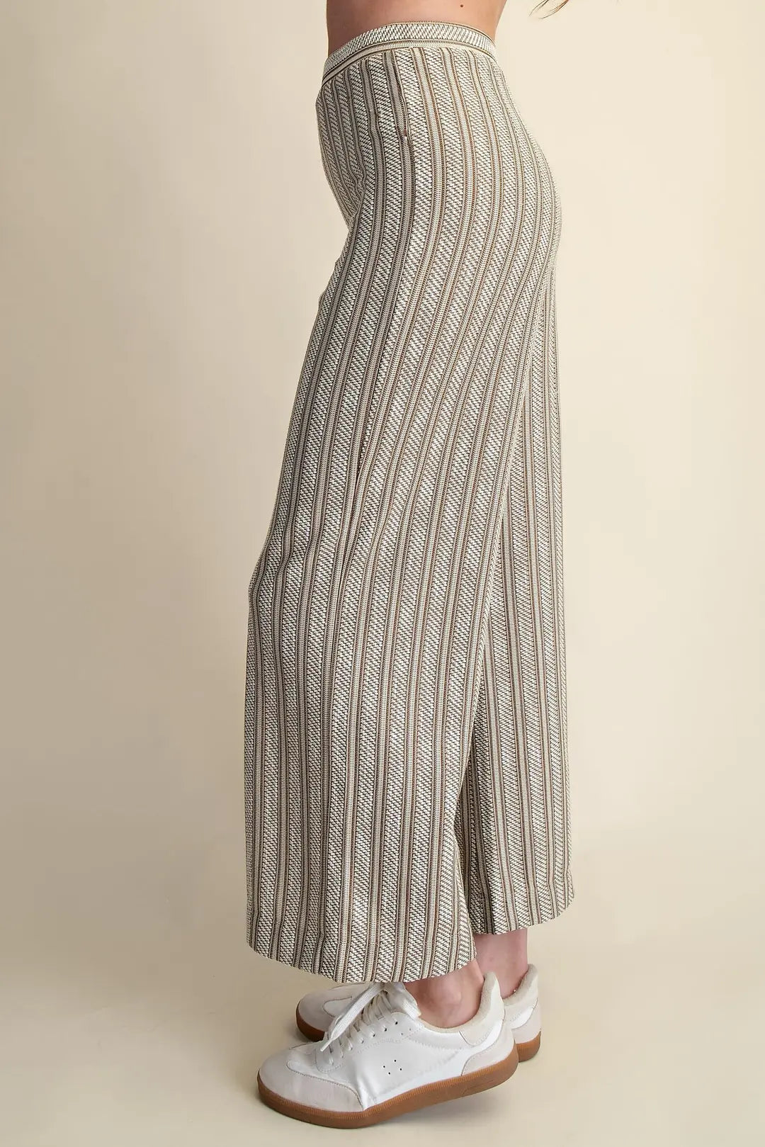 TAUPE VERTICAL RIBBED TEXTURED ELASTIC WAIST RELAXED STRAIGHT LEG PANTS