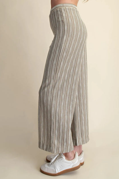 TAUPE VERTICAL RIBBED TEXTURED ELASTIC WAIST RELAXED STRAIGHT LEG PANTS
