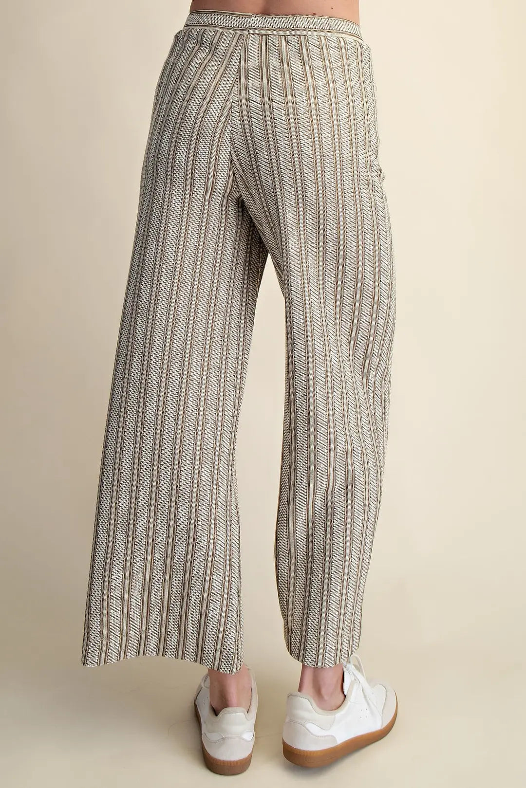 TAUPE VERTICAL RIBBED TEXTURED ELASTIC WAIST RELAXED STRAIGHT LEG PANTS