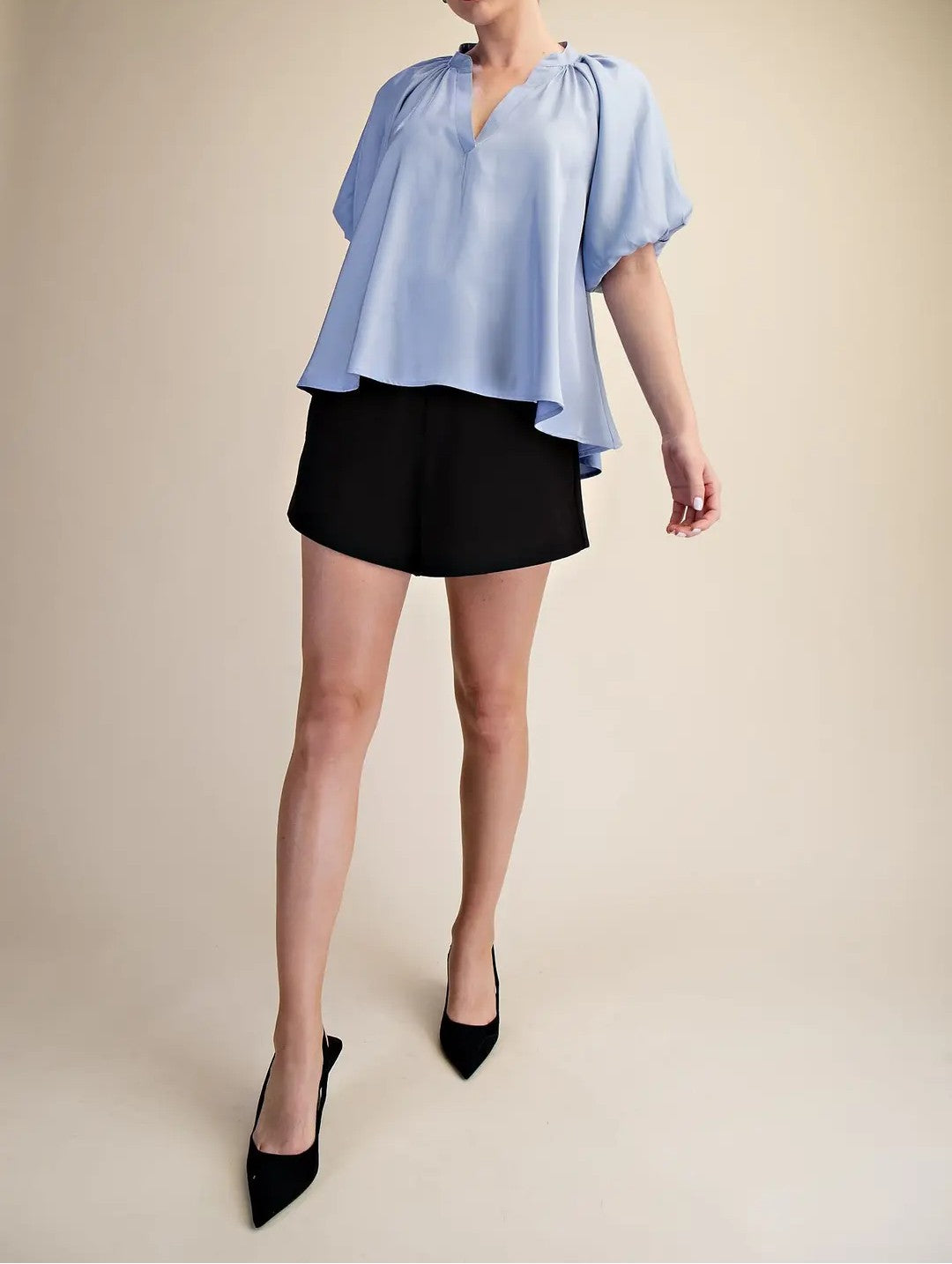 LIGHT BLUE VNECK SHORT BUBBLE SLEEVE HIGH LOW TOP