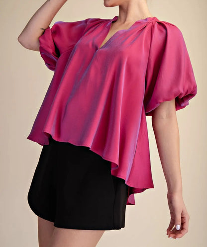 FUCHSIA VNECK SHORT BUBBLE SLEEVE HIGH LOW TOP