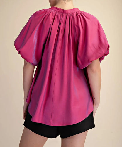 FUCHSIA VNECK SHORT BUBBLE SLEEVE HIGH LOW TOP