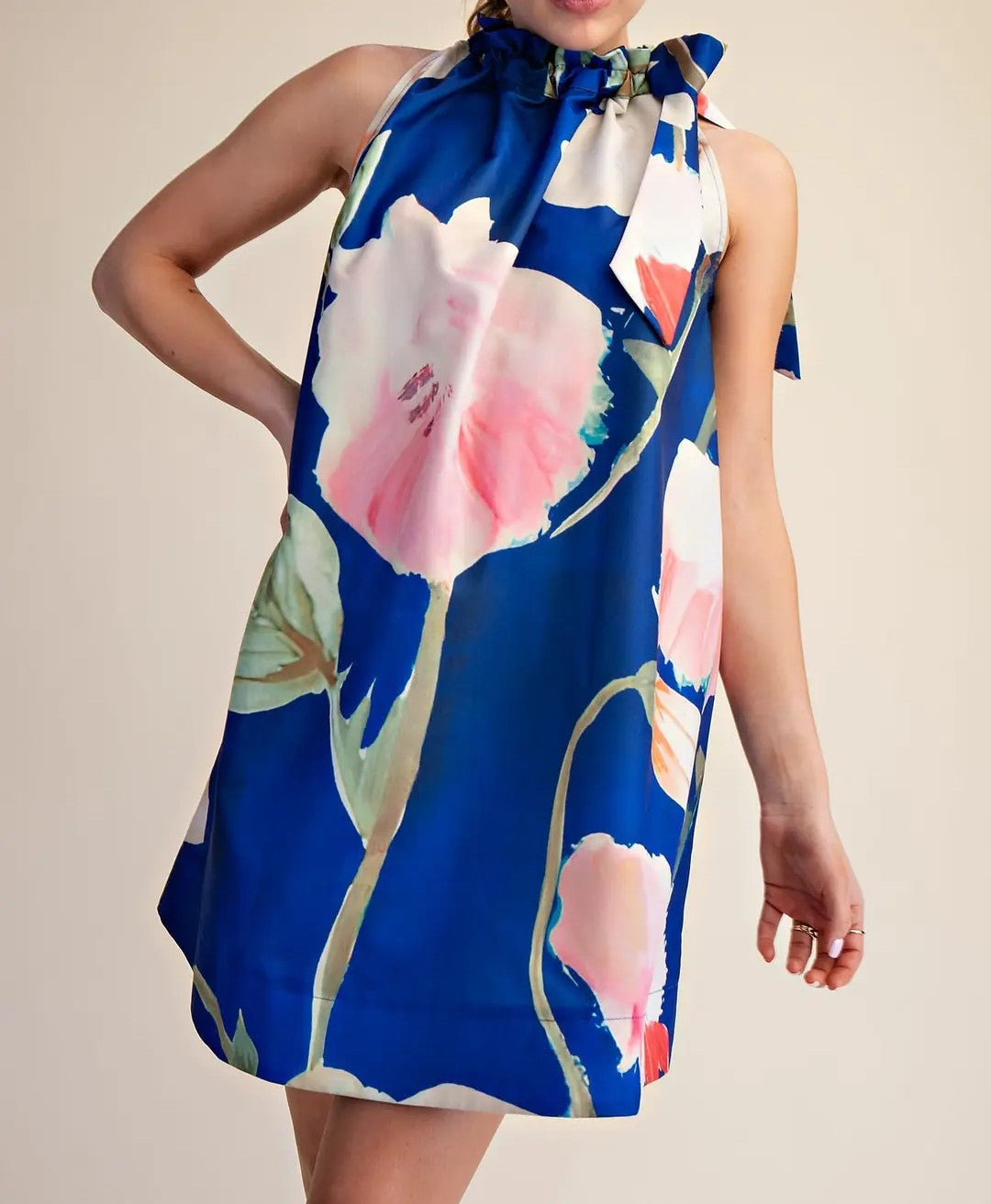 ROYAL FLORAL PRINT ADJUSTABLE RUFFLE NECKTIE SLEEVELESS MINI DRESS