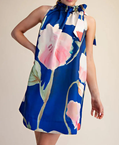 ROYAL FLORAL PRINT ADJUSTABLE RUFFLE NECKTIE SLEEVELESS MINI DRESS