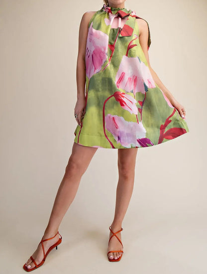 LIME FLORAL PRINT ADJUSTABLE RUFFLE NECKTIE SLEEVELESS MINI DRESS