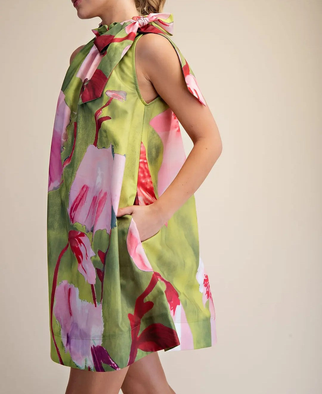 LIME FLORAL PRINT ADJUSTABLE RUFFLE NECKTIE SLEEVELESS MINI DRESS