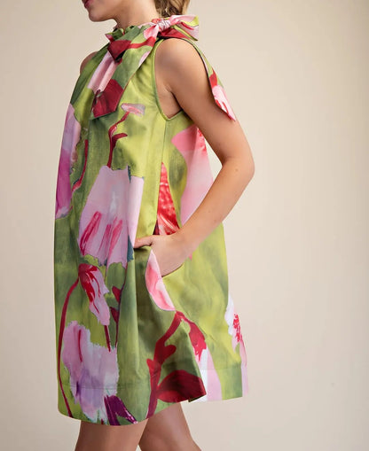 LIME FLORAL PRINT ADJUSTABLE RUFFLE NECKTIE SLEEVELESS MINI DRESS