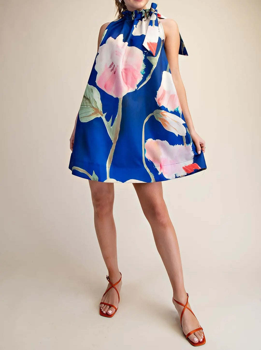 ROYAL FLORAL PRINT ADJUSTABLE RUFFLE NECKTIE SLEEVELESS MINI DRESS