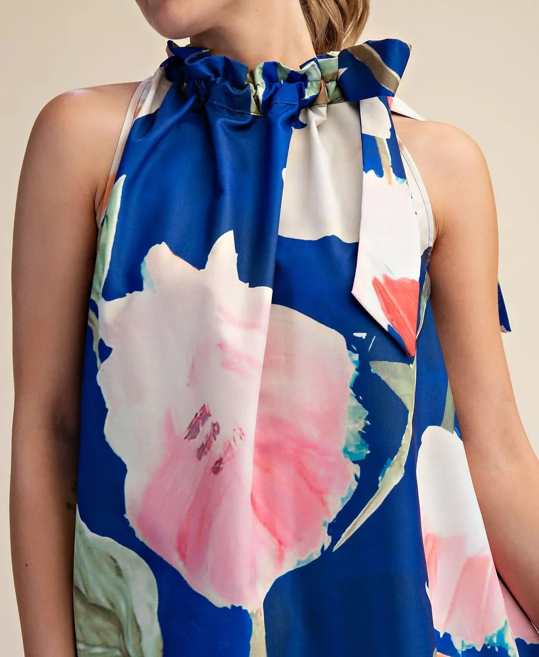 ROYAL FLORAL PRINT ADJUSTABLE RUFFLE NECKTIE SLEEVELESS MINI DRESS