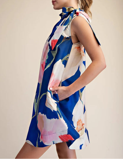 ROYAL FLORAL PRINT ADJUSTABLE RUFFLE NECKTIE SLEEVELESS MINI DRESS