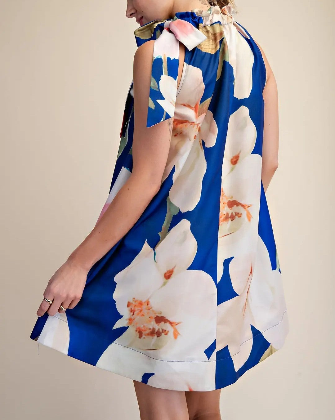 ROYAL FLORAL PRINT ADJUSTABLE RUFFLE NECKTIE SLEEVELESS MINI DRESS