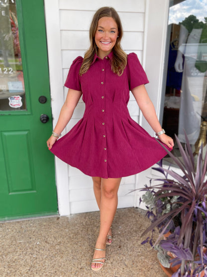 RED PLUM CORDUROY BUTTON UP PLEATED WAIST RORY MINI DRESS