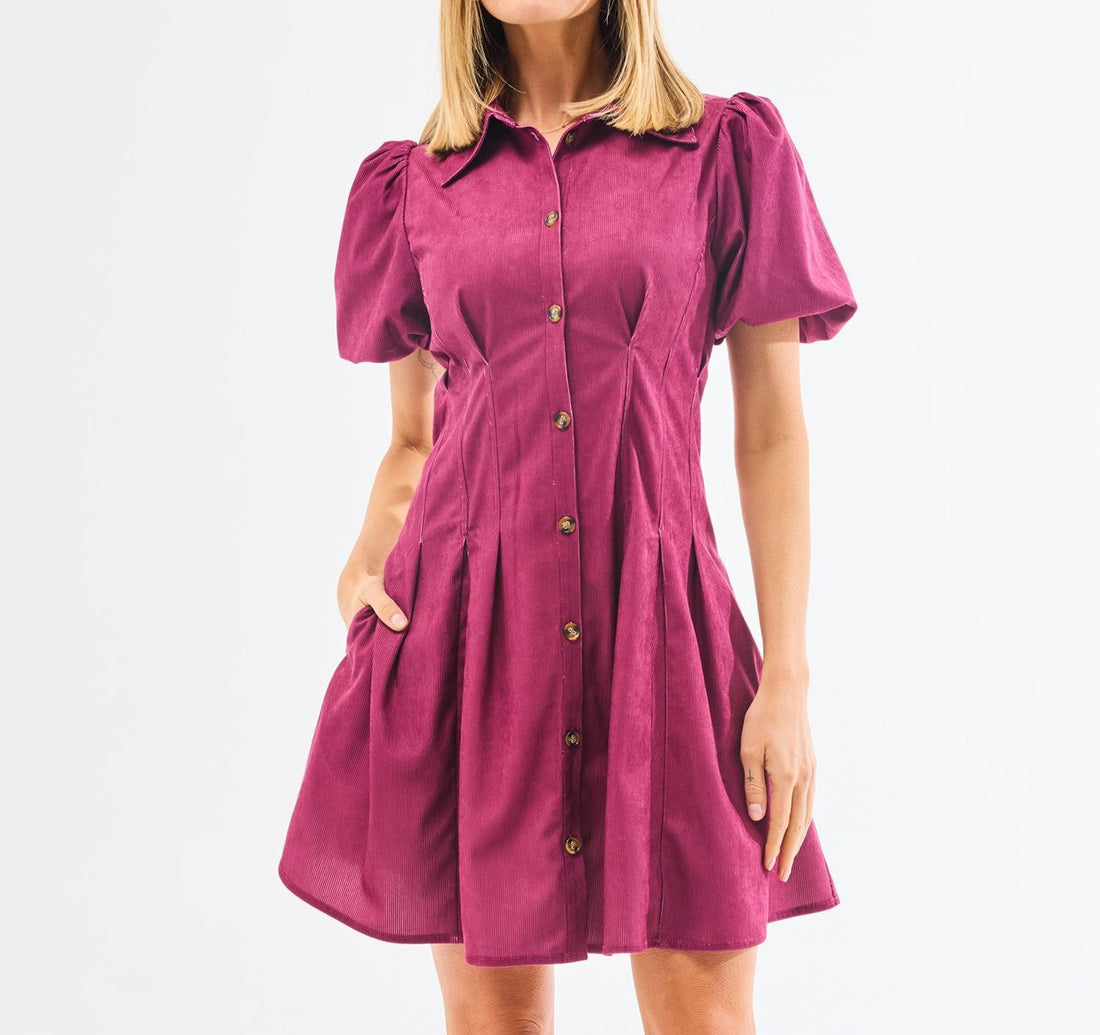 RED PLUM CORDUROY BUTTON UP PLEATED WAIST RORY MINI DRESS