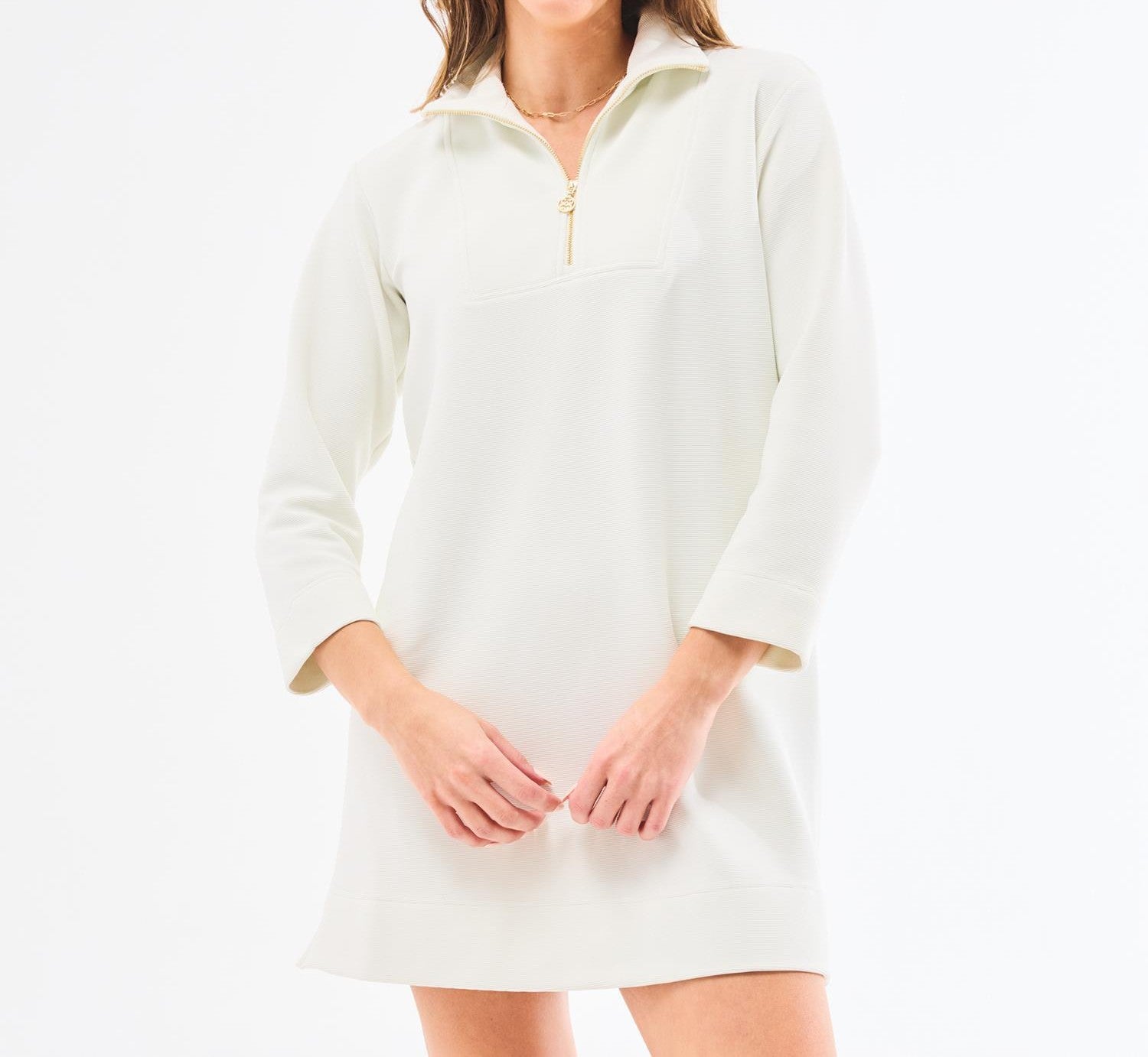 IVORY RIBBED QUARTER ZIP RAVEN MINI DRESS