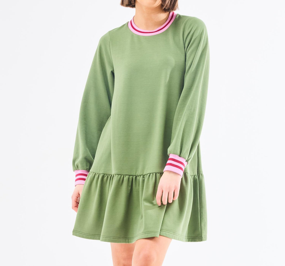 OLIVE STRIPE TRIM DROP WAIST LONG SLEEVE GEORGIA MINI DRESS