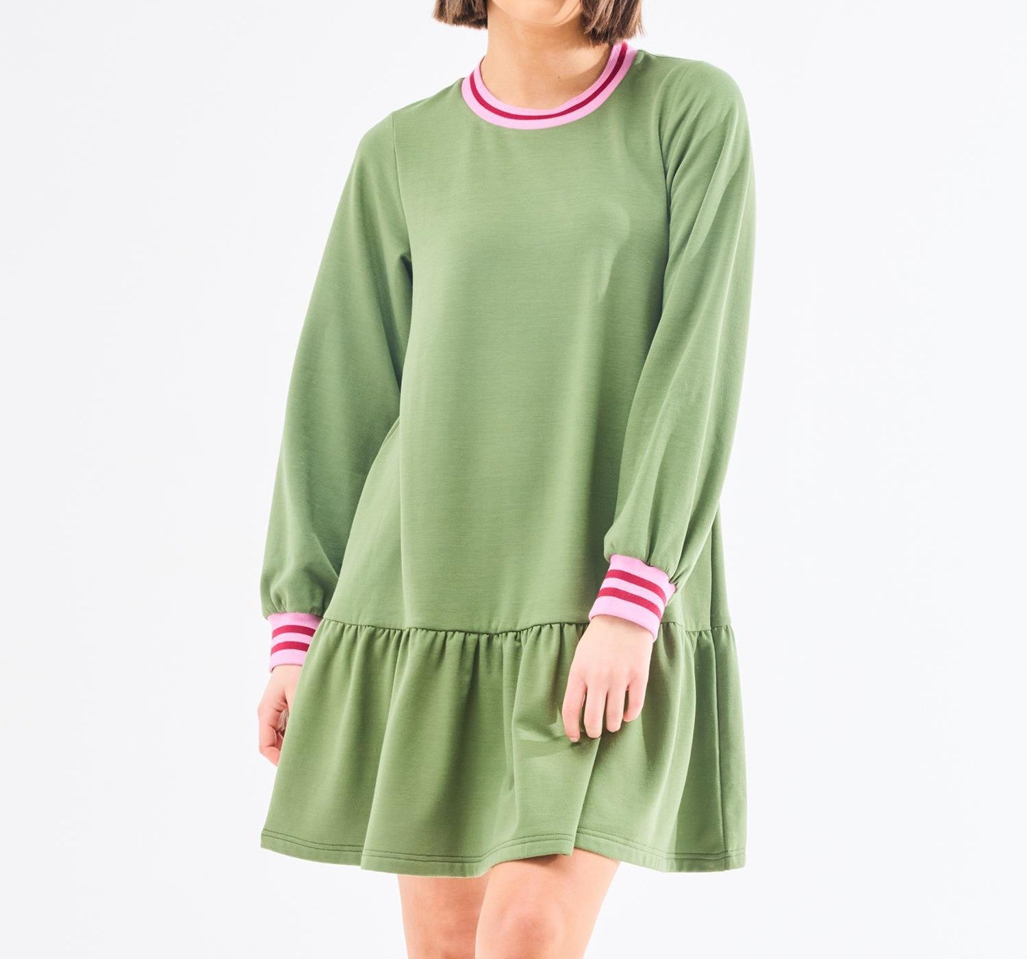 OLIVE STRIPE TRIM DROP WAIST LONG SLEEVE GEORGIA MINI DRESS