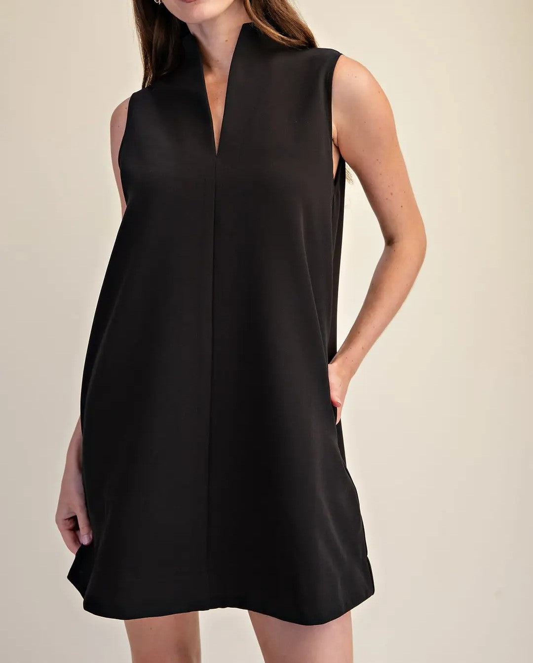 BLACK STAND COLLAR V NECK SLEEVELESS A-LINE MINI DRESS
