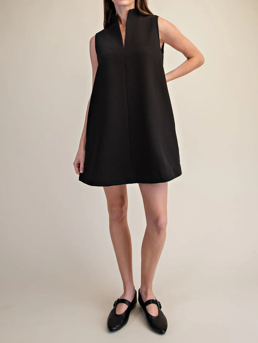 BLACK STAND COLLAR V NECK SLEEVELESS A-LINE MINI DRESS