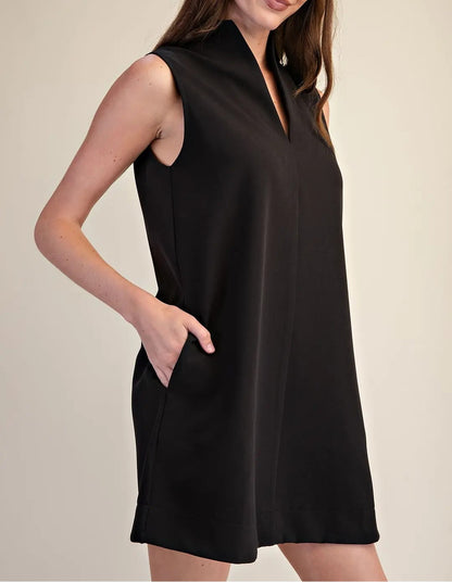 BLACK STAND COLLAR V NECK SLEEVELESS A-LINE MINI DRESS