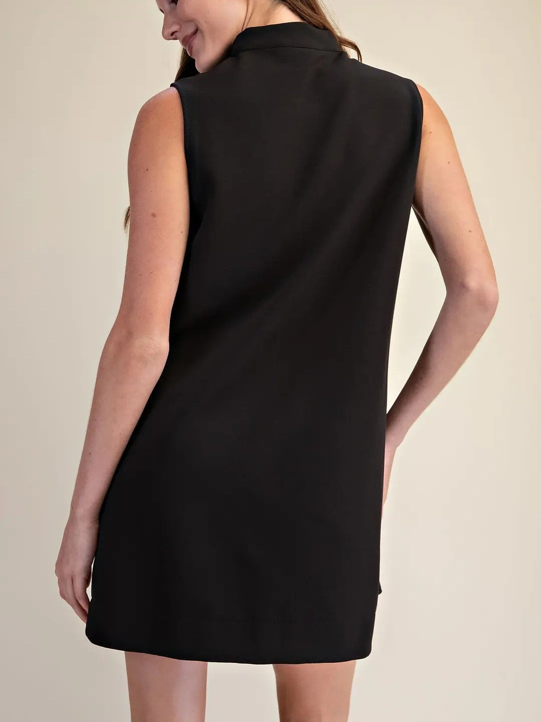 BLACK STAND COLLAR V NECK SLEEVELESS A-LINE MINI DRESS