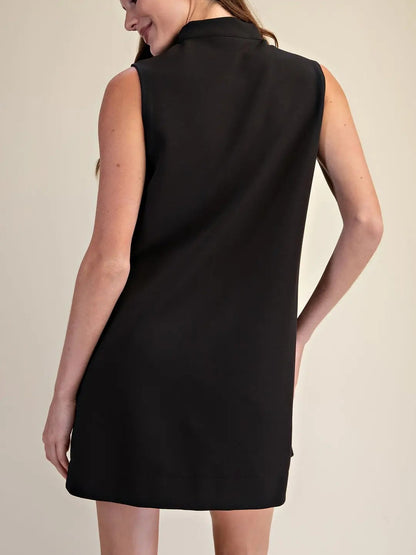 BLACK STAND COLLAR V NECK SLEEVELESS A-LINE MINI DRESS