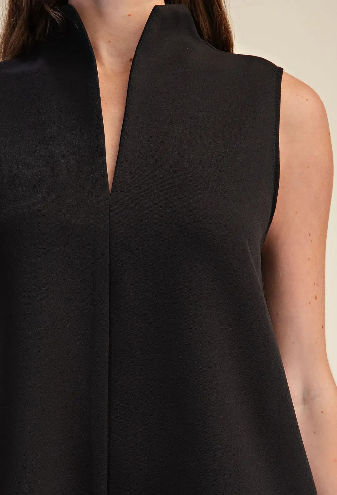 BLACK STAND COLLAR V NECK SLEEVELESS A-LINE MINI DRESS