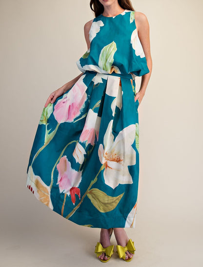 TURQUOISE FLORAL PRINT SLEEVELESS BUBBLE HEM TOP