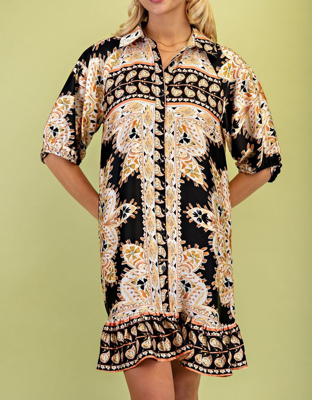 BLACK MIRRORED SCARF PRINT BUTTON UP MINI DRESS