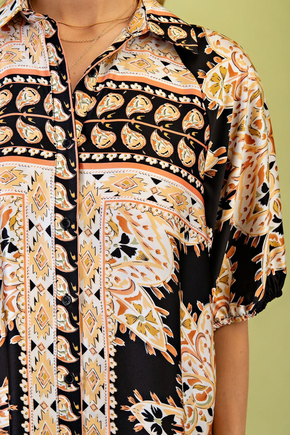 BLACK MIRRORED SCARF PRINT BUTTON UP MINI DRESS