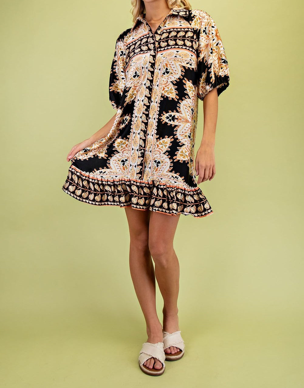 BLACK MIRRORED SCARF PRINT BUTTON UP MINI DRESS