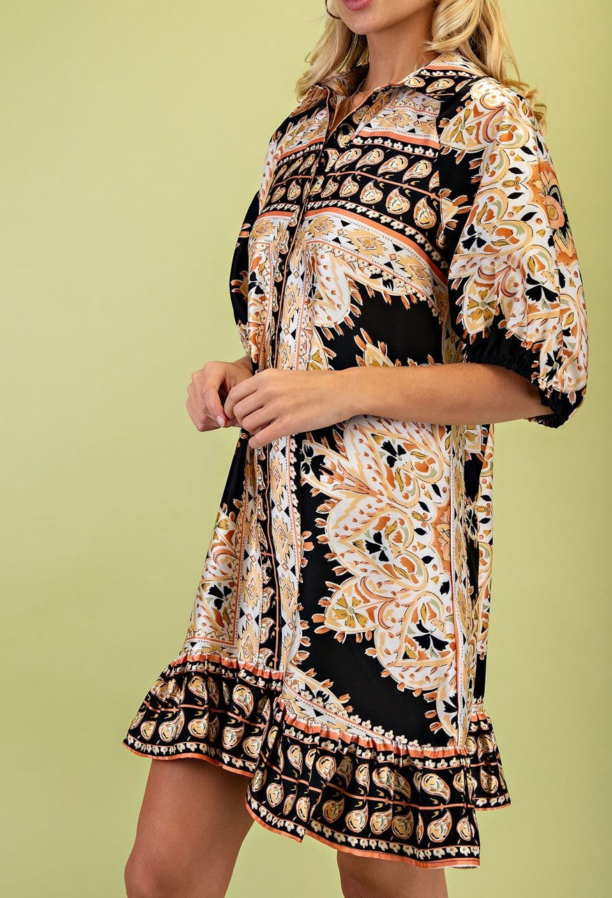 BLACK MIRRORED SCARF PRINT BUTTON UP MINI DRESS