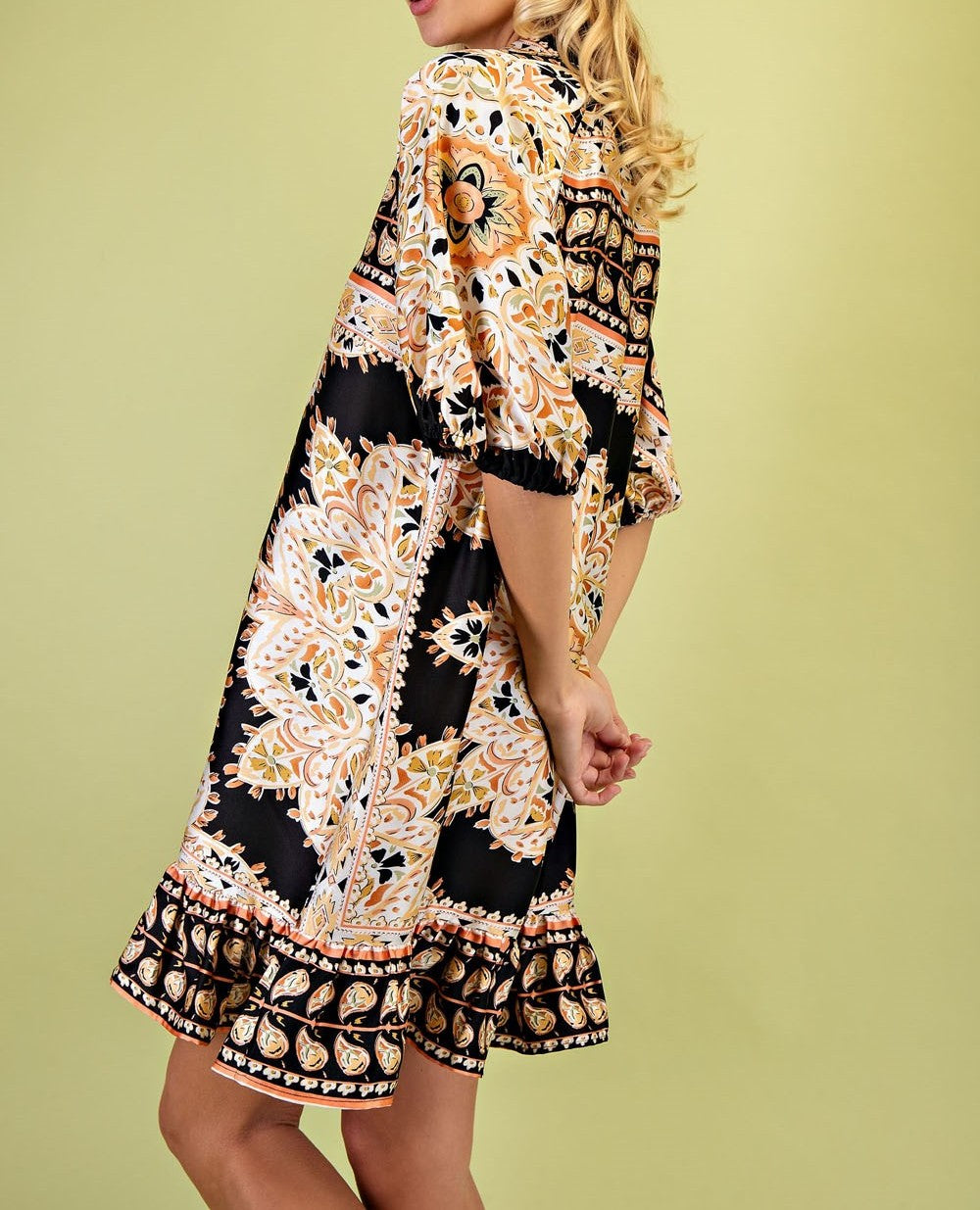 BLACK MIRRORED SCARF PRINT BUTTON UP MINI DRESS