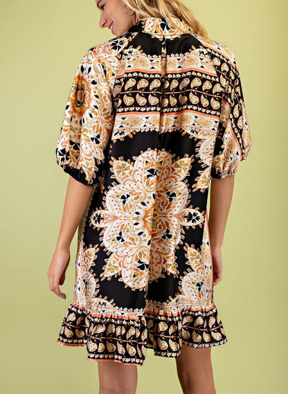 BLACK MIRRORED SCARF PRINT BUTTON UP MINI DRESS