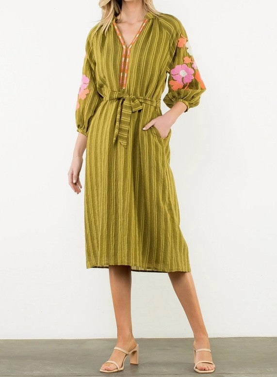 OLIVE GREEN STRIPE &amp; FLORAL EMBROIDERED PUFF SLEEVE MAXI DRESS