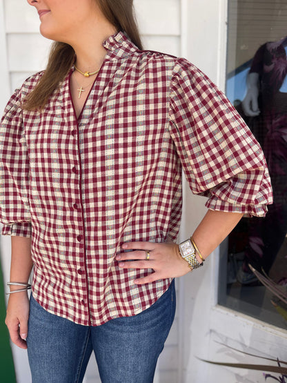 WINE CHECKERED PRINT BUTTON DOWN GATHERED SLEEVE TOP