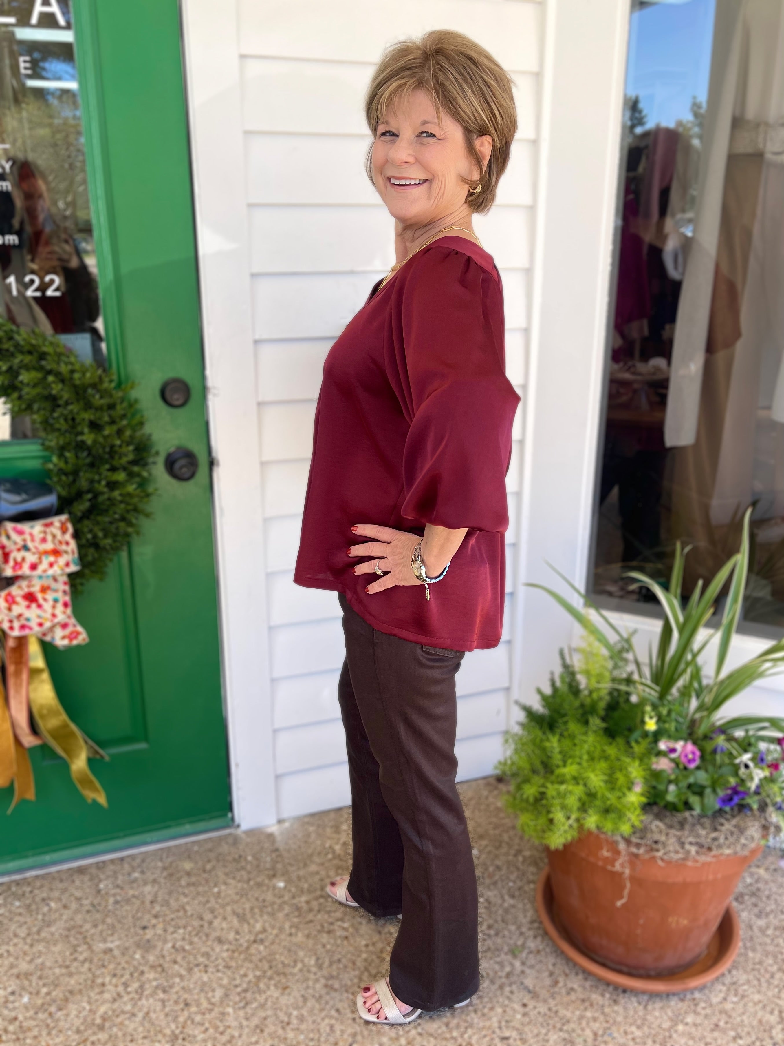 BURGUNDY VNECK WITH PLACKET TOP
