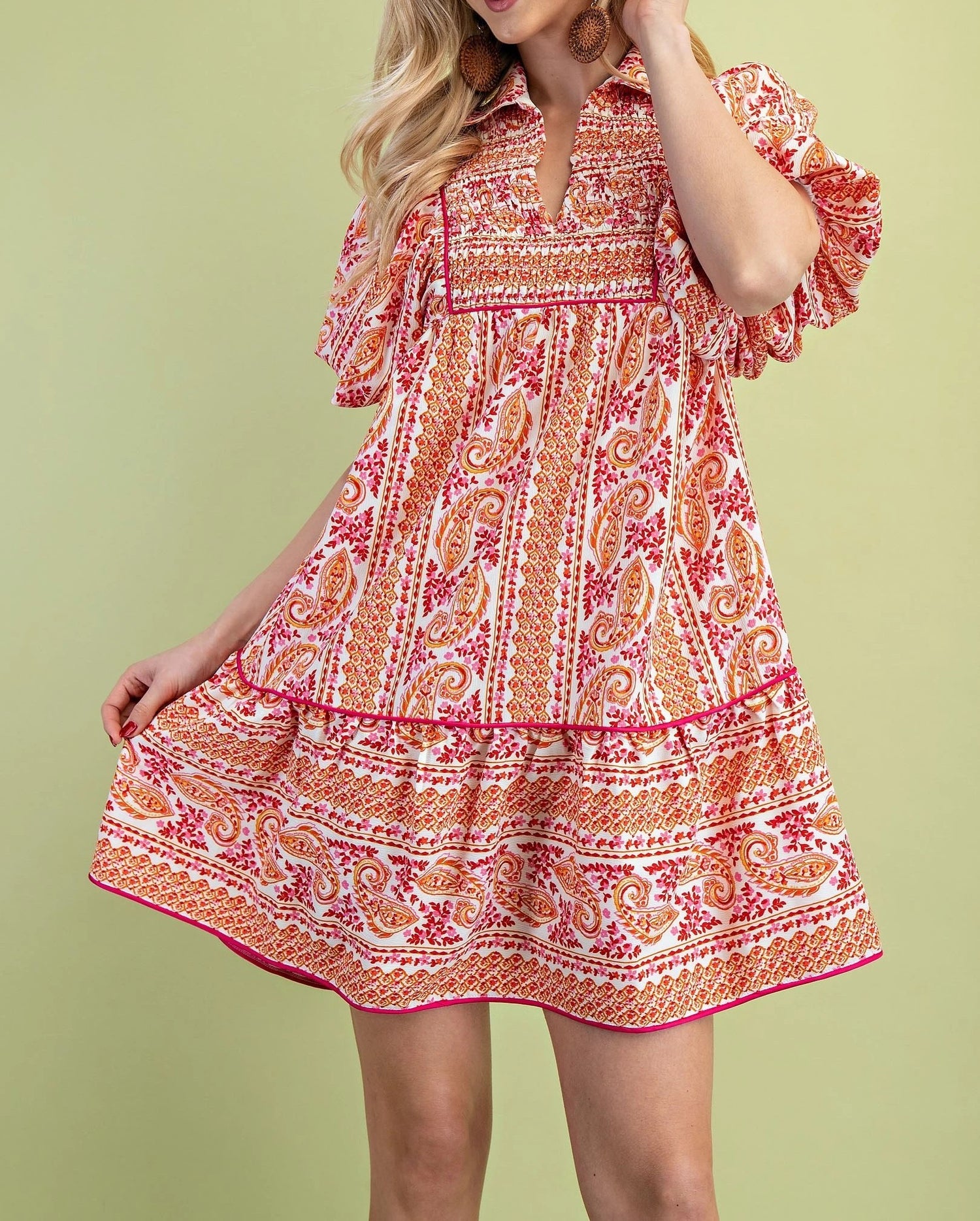 PINK MIXED PAISLEY PRINT SMOCKED FRONT YOKE PUFF SLEEVE MINI DRESS