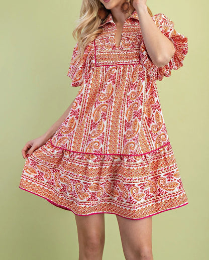 PINK MIXED PAISLEY PRINT SMOCKED FRONT YOKE PUFF SLEEVE MINI DRESS