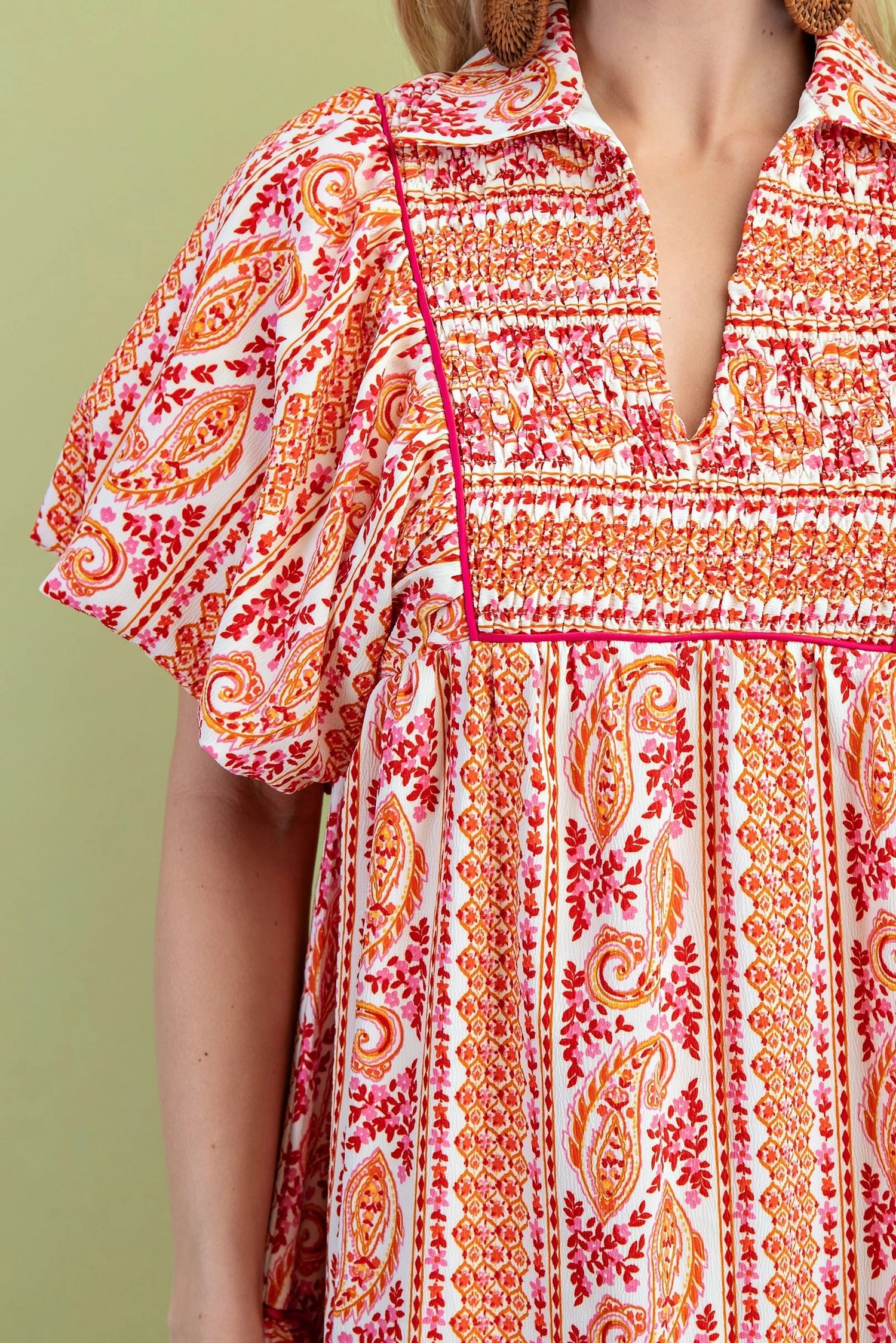 PINK MIXED PAISLEY PRINT SMOCKED FRONT YOKE PUFF SLEEVE MINI DRESS