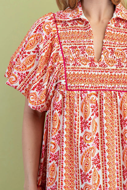 PINK MIXED PAISLEY PRINT SMOCKED FRONT YOKE PUFF SLEEVE MINI DRESS
