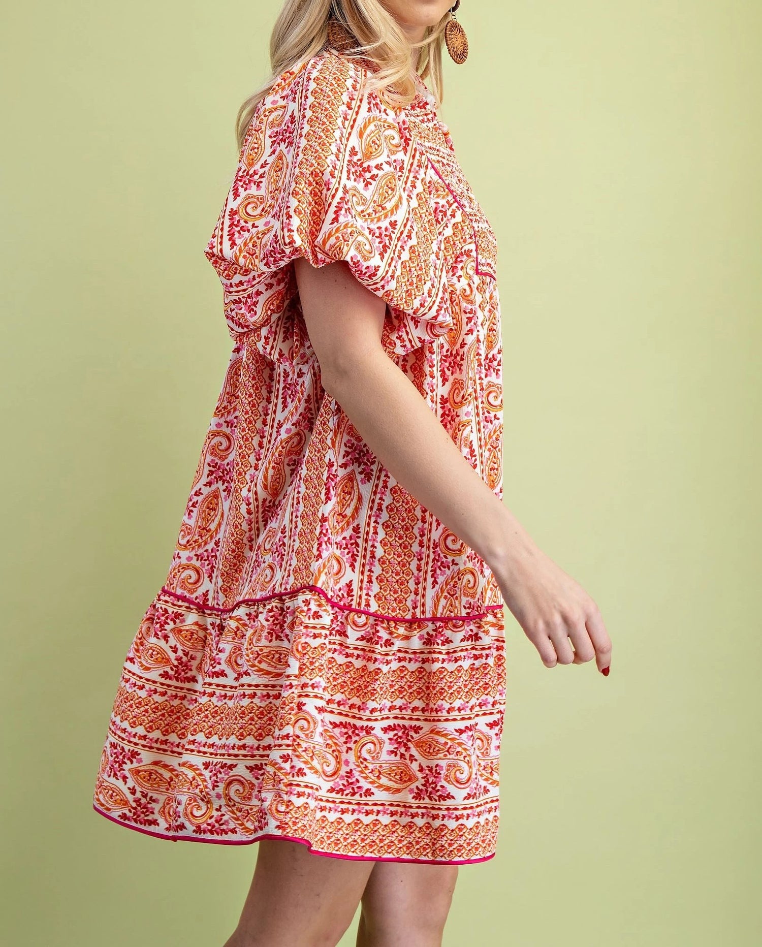 PINK MIXED PAISLEY PRINT SMOCKED FRONT YOKE PUFF SLEEVE MINI DRESS