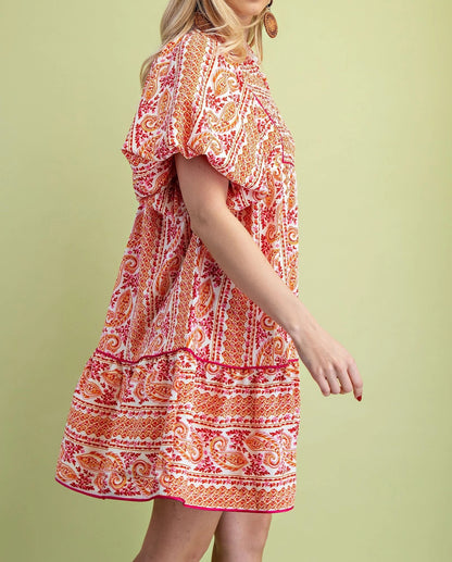 PINK MIXED PAISLEY PRINT SMOCKED FRONT YOKE PUFF SLEEVE MINI DRESS