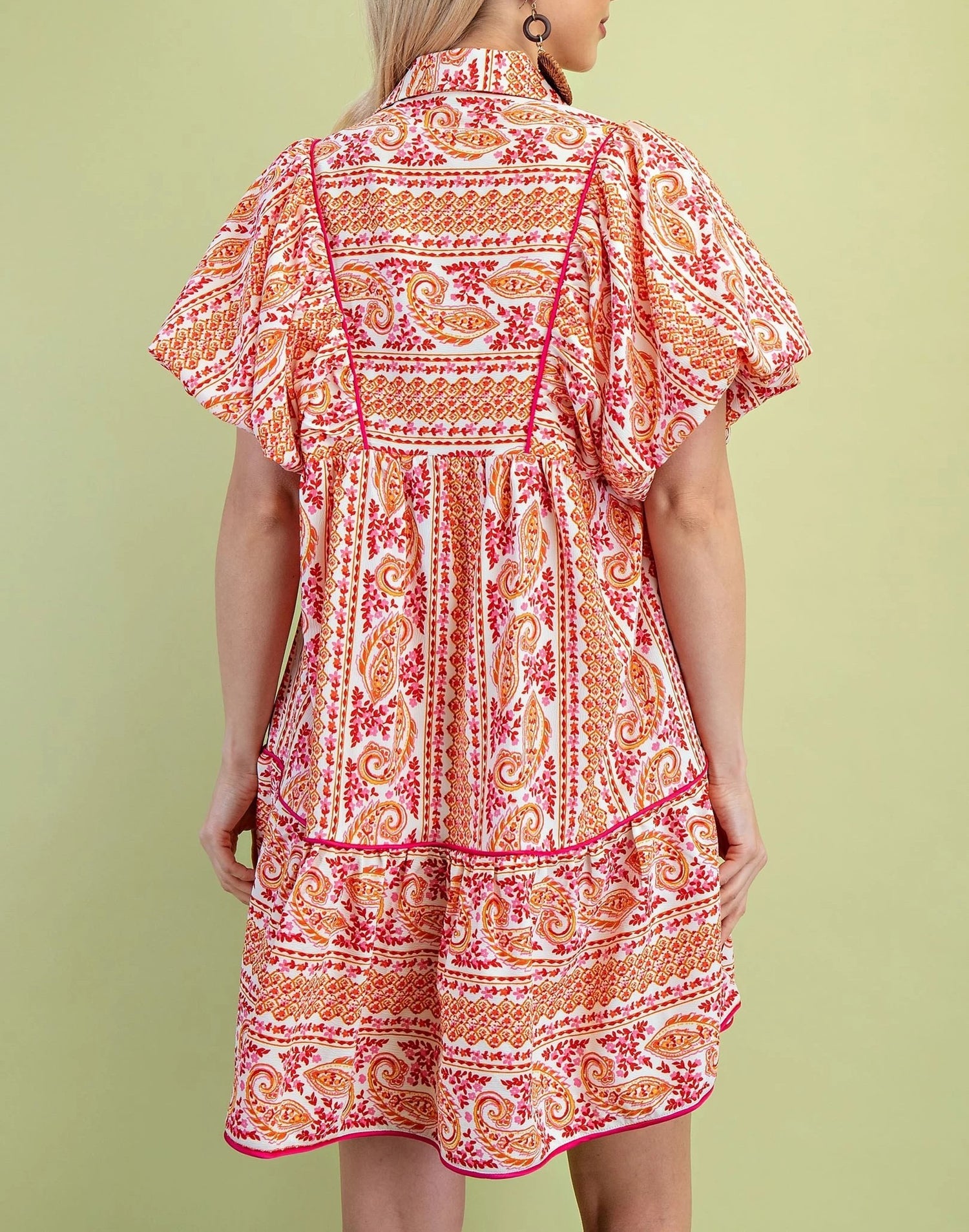 PINK MIXED PAISLEY PRINT SMOCKED FRONT YOKE PUFF SLEEVE MINI DRESS