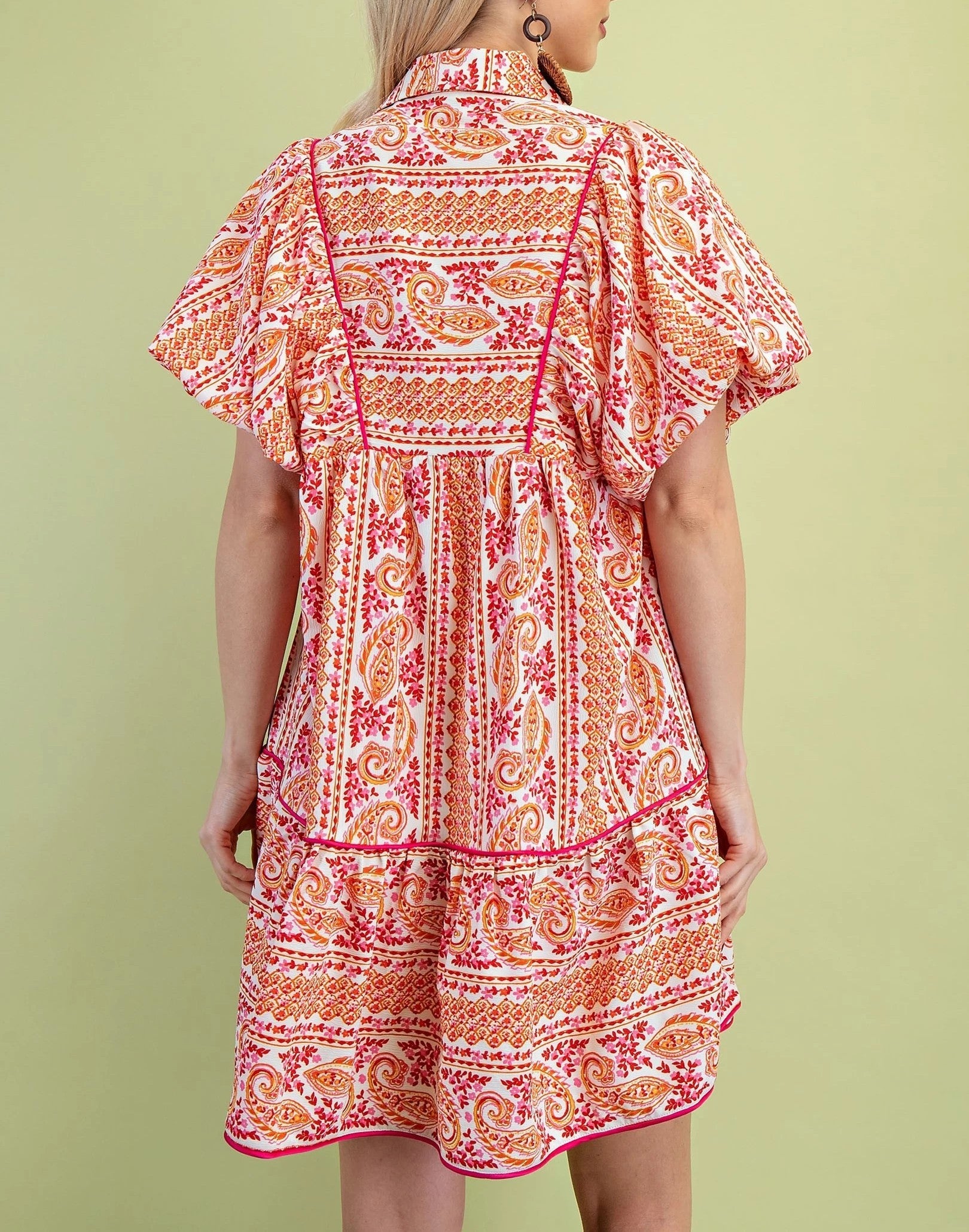 PINK MIXED PAISLEY PRINT SMOCKED FRONT YOKE PUFF SLEEVE MINI DRESS