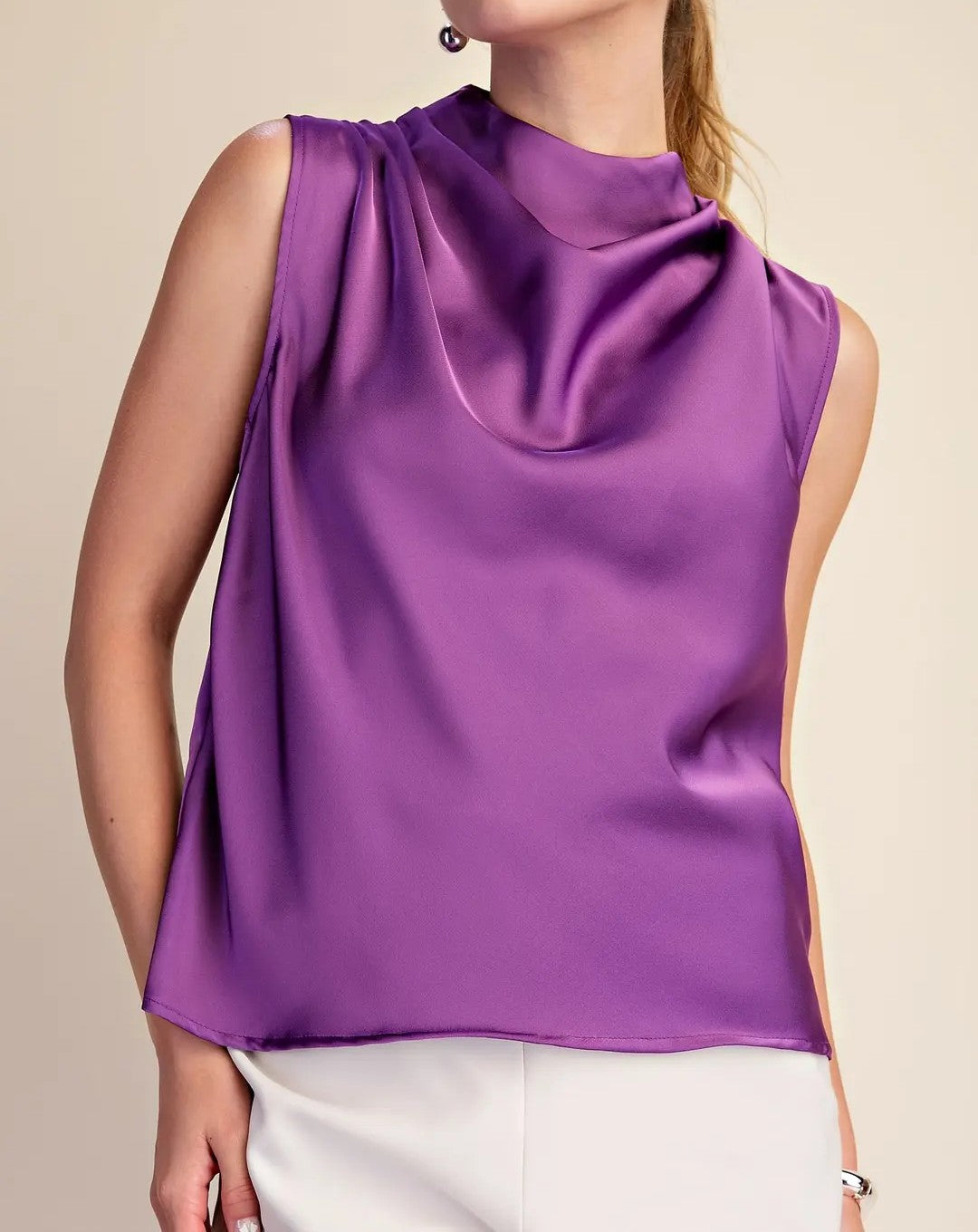 PURPLE SATIN MOCK COWL NECK SLEEVELESS TOP