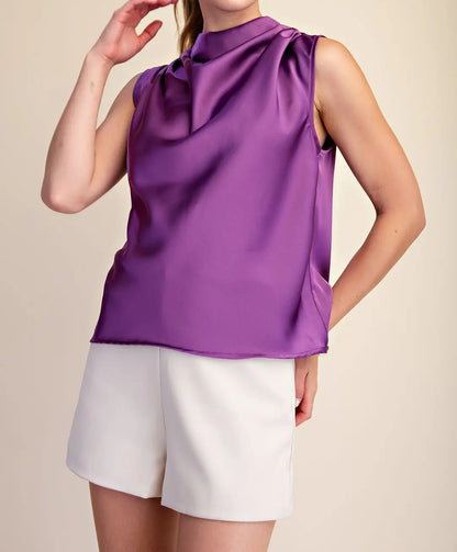 PURPLE SATIN MOCK COWL NECK SLEEVELESS TOP